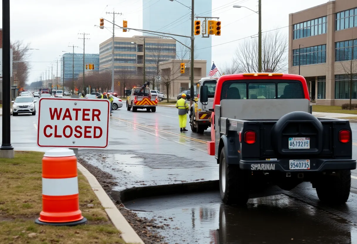 Repair crews working on a water main break in Novi, Michigan with closed road signs in the foreground.