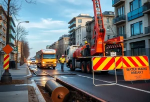 Construction workers repairing a water main break in Novi.