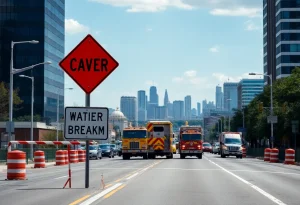 Emergency crews repairing a water main break on 14 Mile Road in Novi, Michigan.