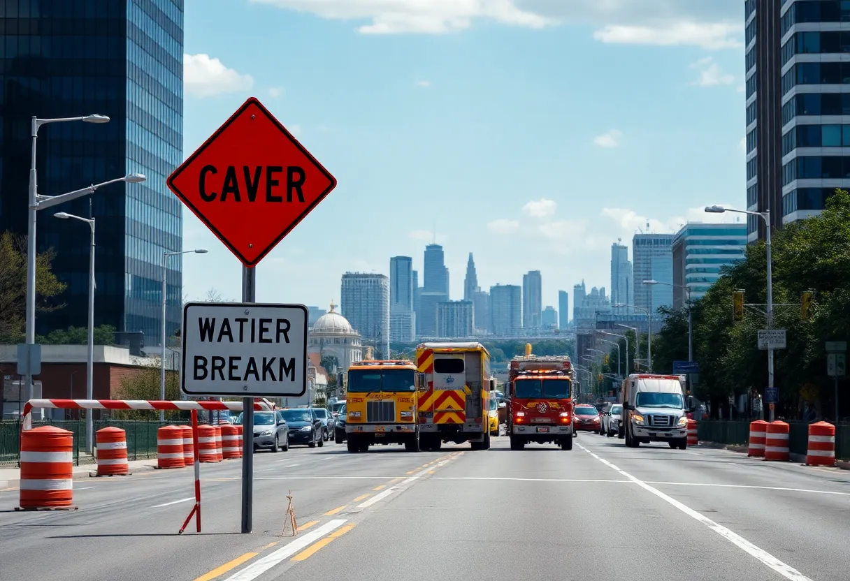 Emergency crews repairing a water main break on 14 Mile Road in Novi, Michigan.
