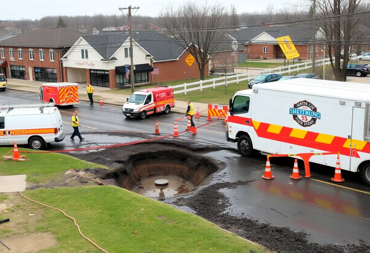 Repair crews working on a water main break in Novi, Michigan