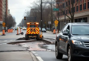 Water main break repair work in Novi, Michigan.