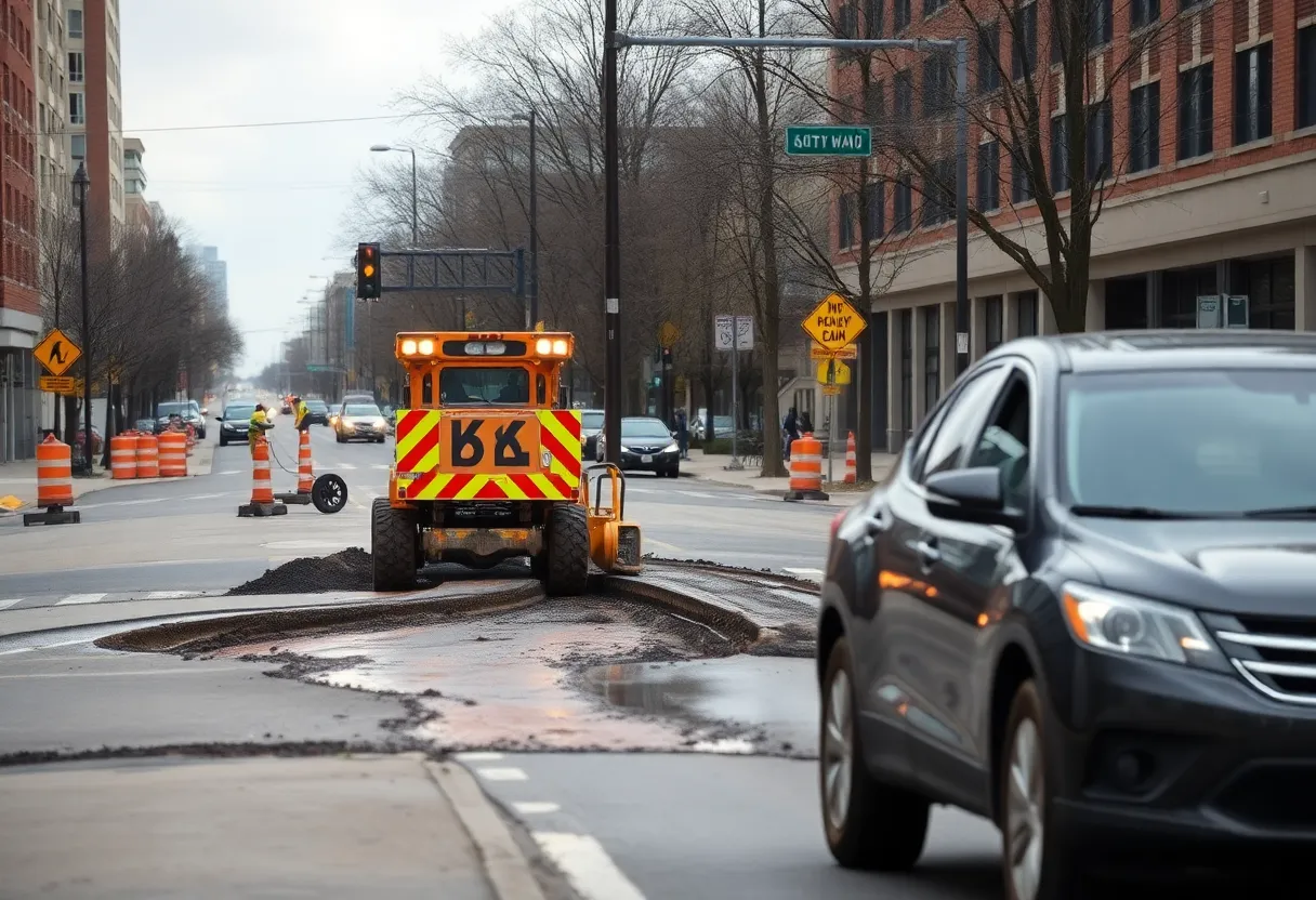Water main break repair work in Novi, Michigan.