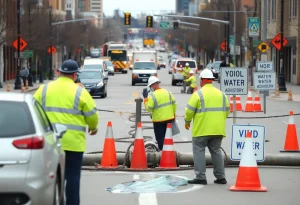 Emergency crews working on a water main break in Novi, Michigan