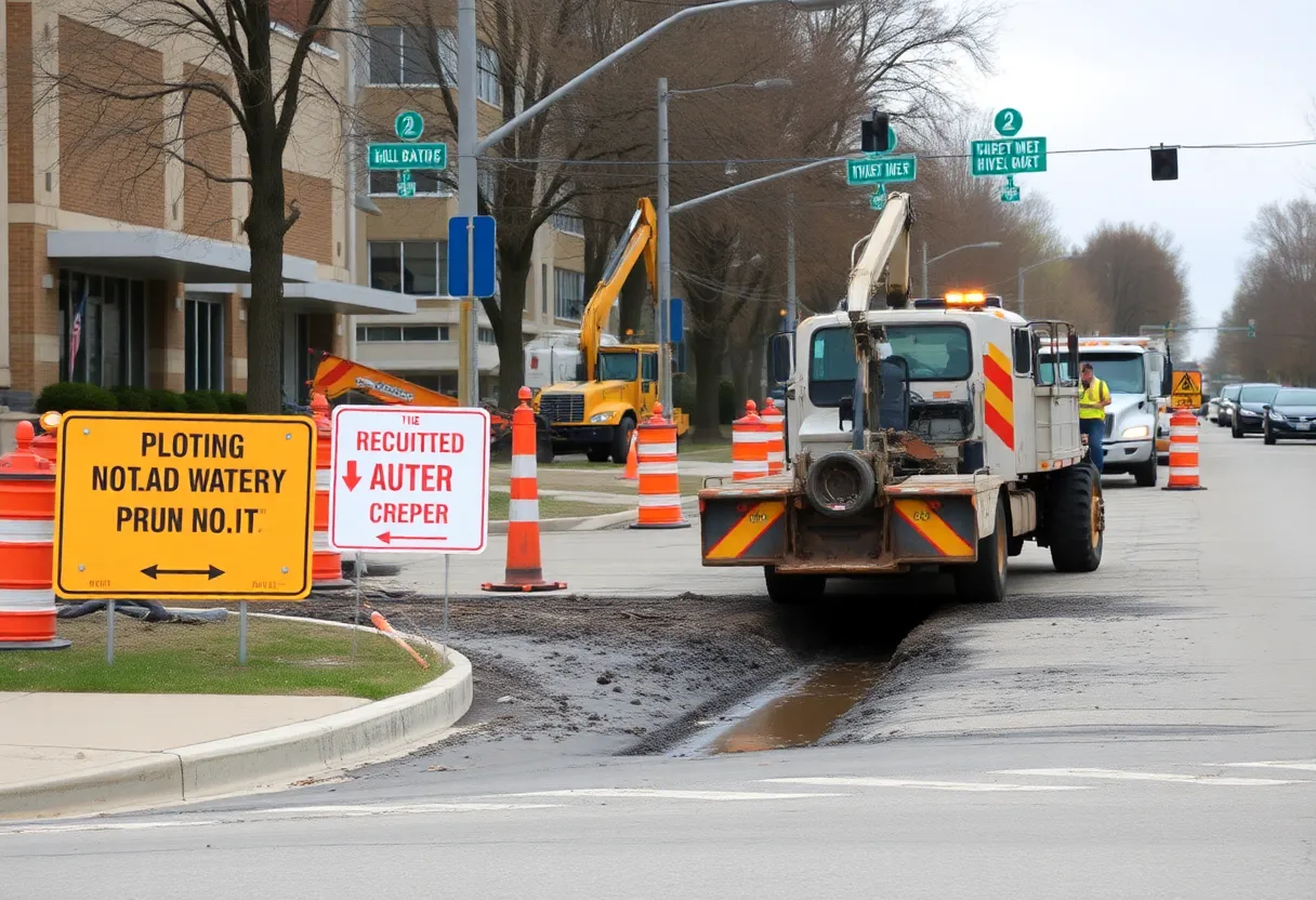 Construction workers at a water main break site in Novi, Michigan