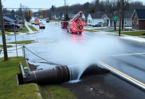 Emergency crews addressing a significant water main break in Novi, Michigan.