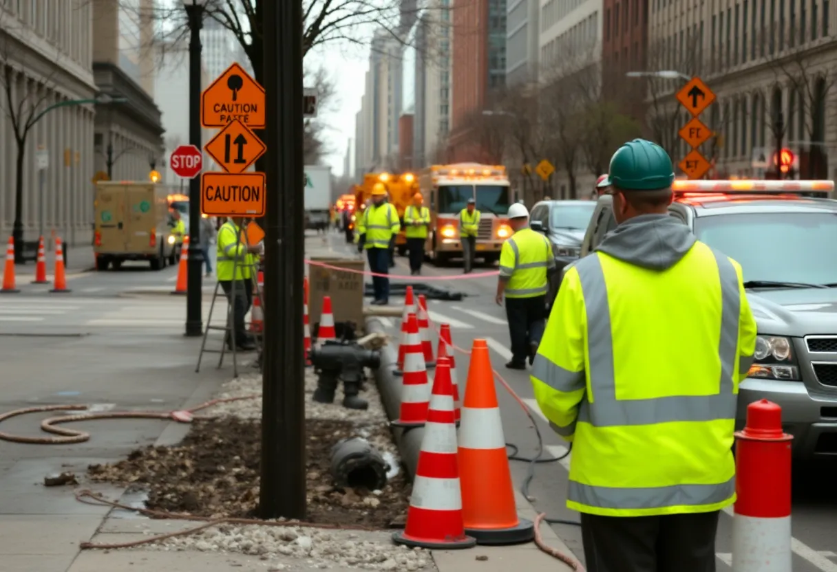 Crews working to repair a water main break in Novi, Michigan