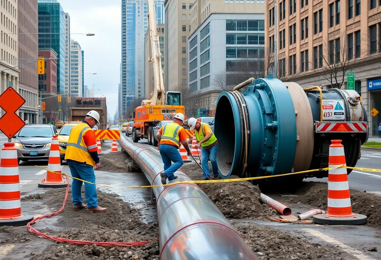 Construction crews working on a large water main repair.