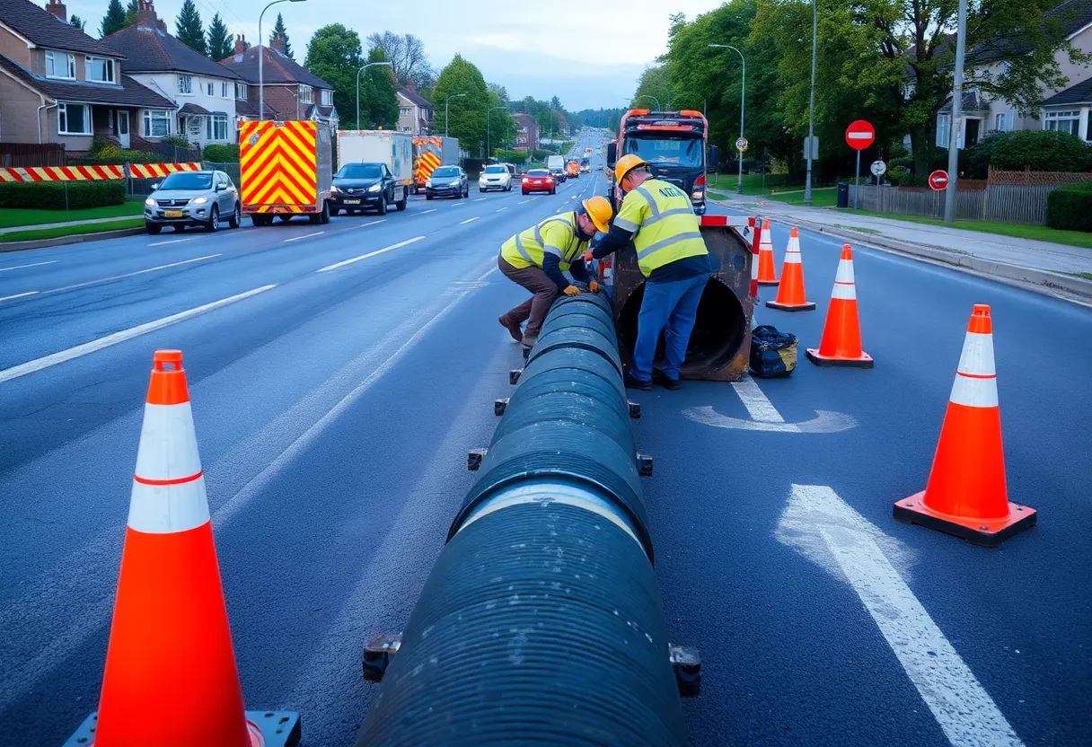 Workers repairing a water main on 14 Mile Road in Novi