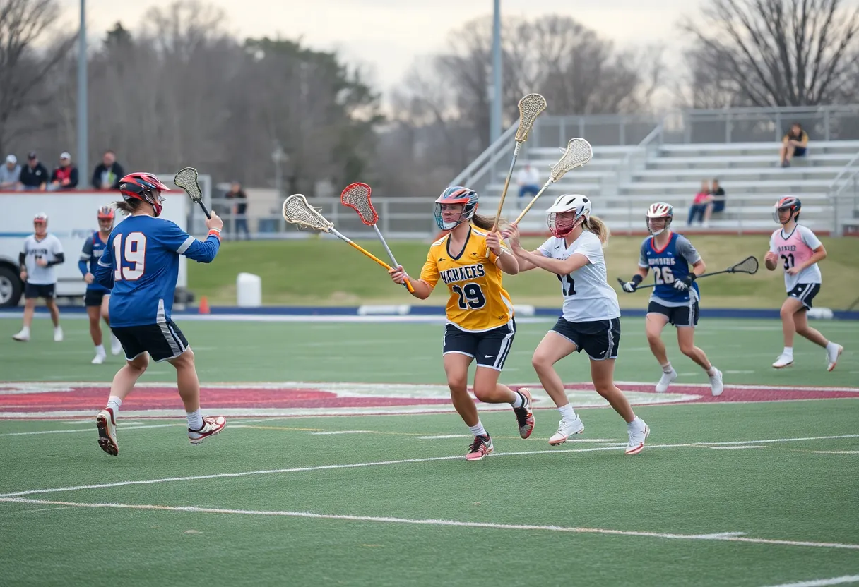 Lacrosse players from Novi Wildcats competing on the field.