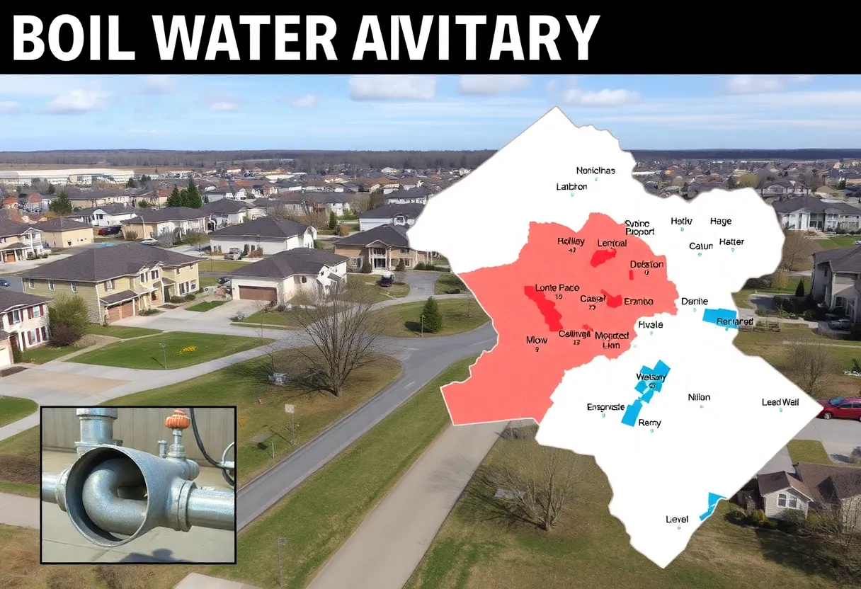 Map of Oakland County showing areas under a boil water advisory