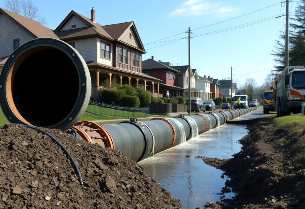Workers repairing a large water main break in Oakland County