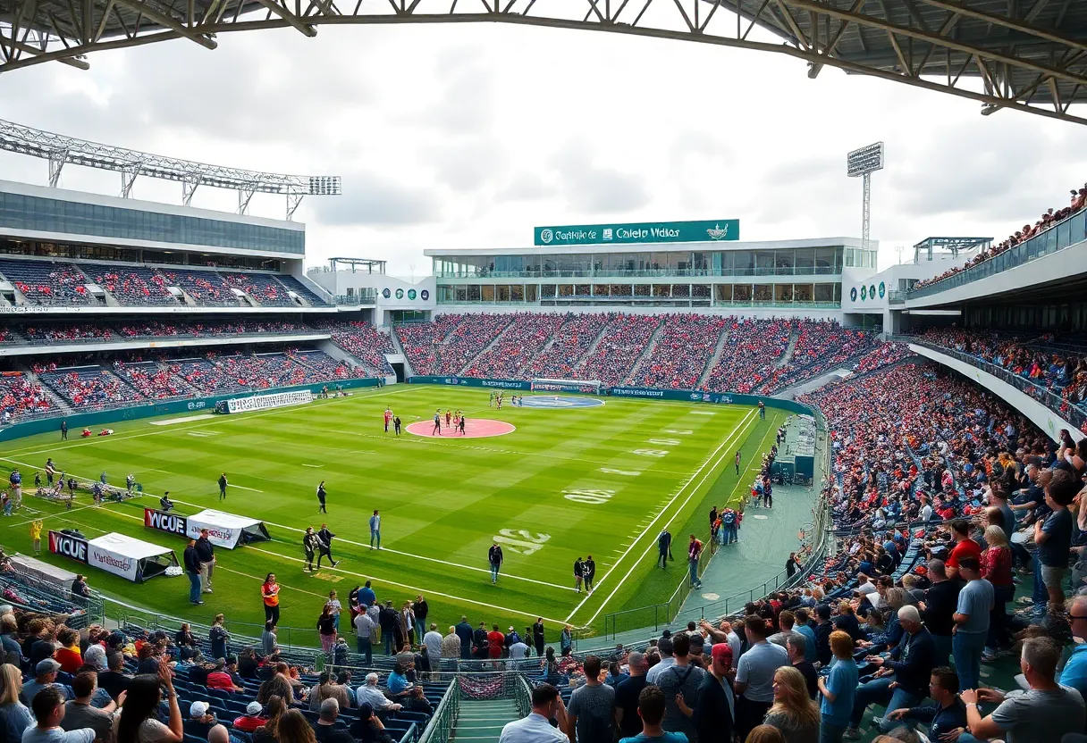 Crowd enjoying the renovated Ralph E. Myers Stadium during a football game