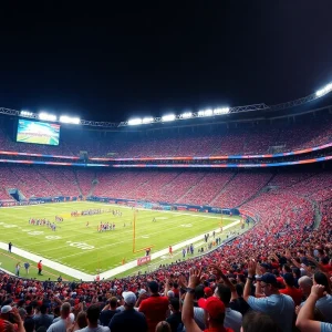 View of Michigan Stadium with new video screens and lighting