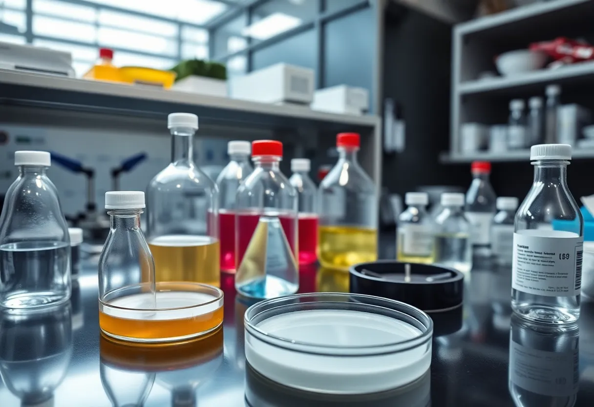 A research laboratory showcasing biological materials and safety equipment