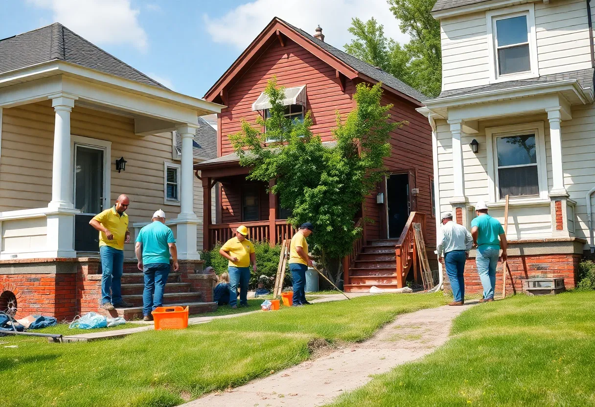 A view of renovated homes in a Detroit neighborhood highlighting community efforts.