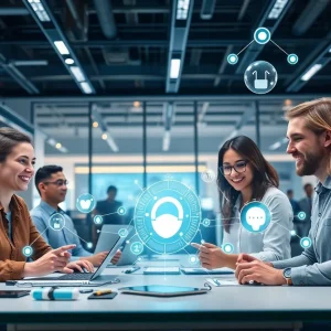 Futuristic office scene with marketing automation technology