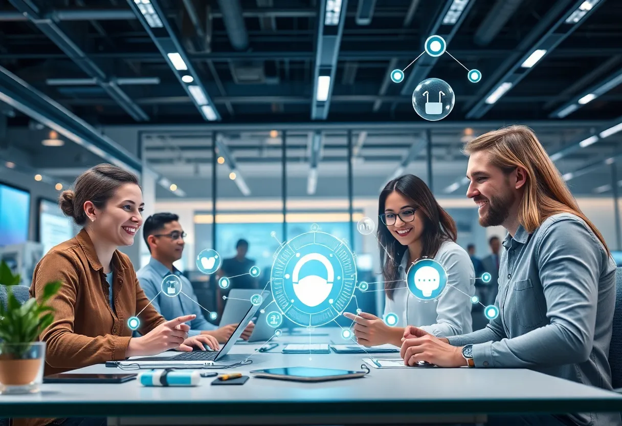 Futuristic office scene with marketing automation technology