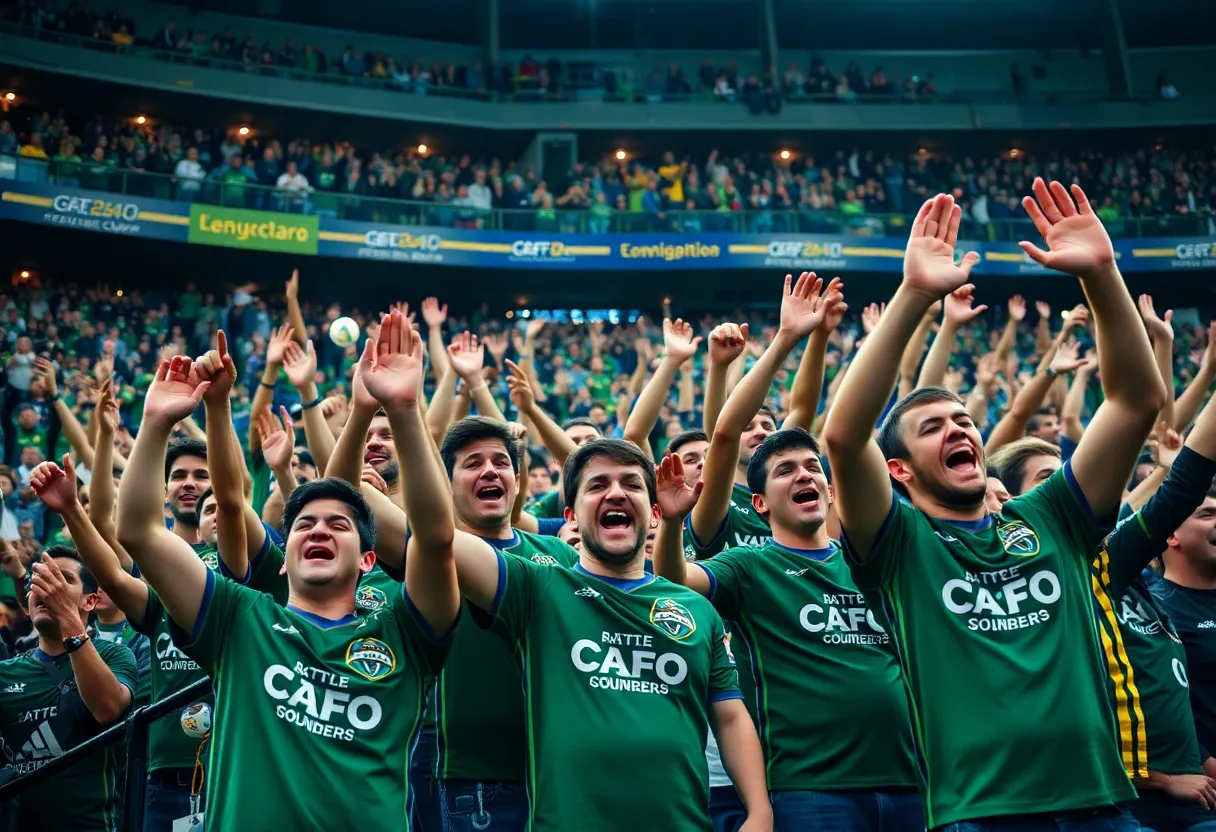 Seattle Sounders fans in stadium celebrating during FIFA Club World Cup.
