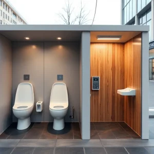 High-tech public restroom featuring smart toilets and accessible design.
