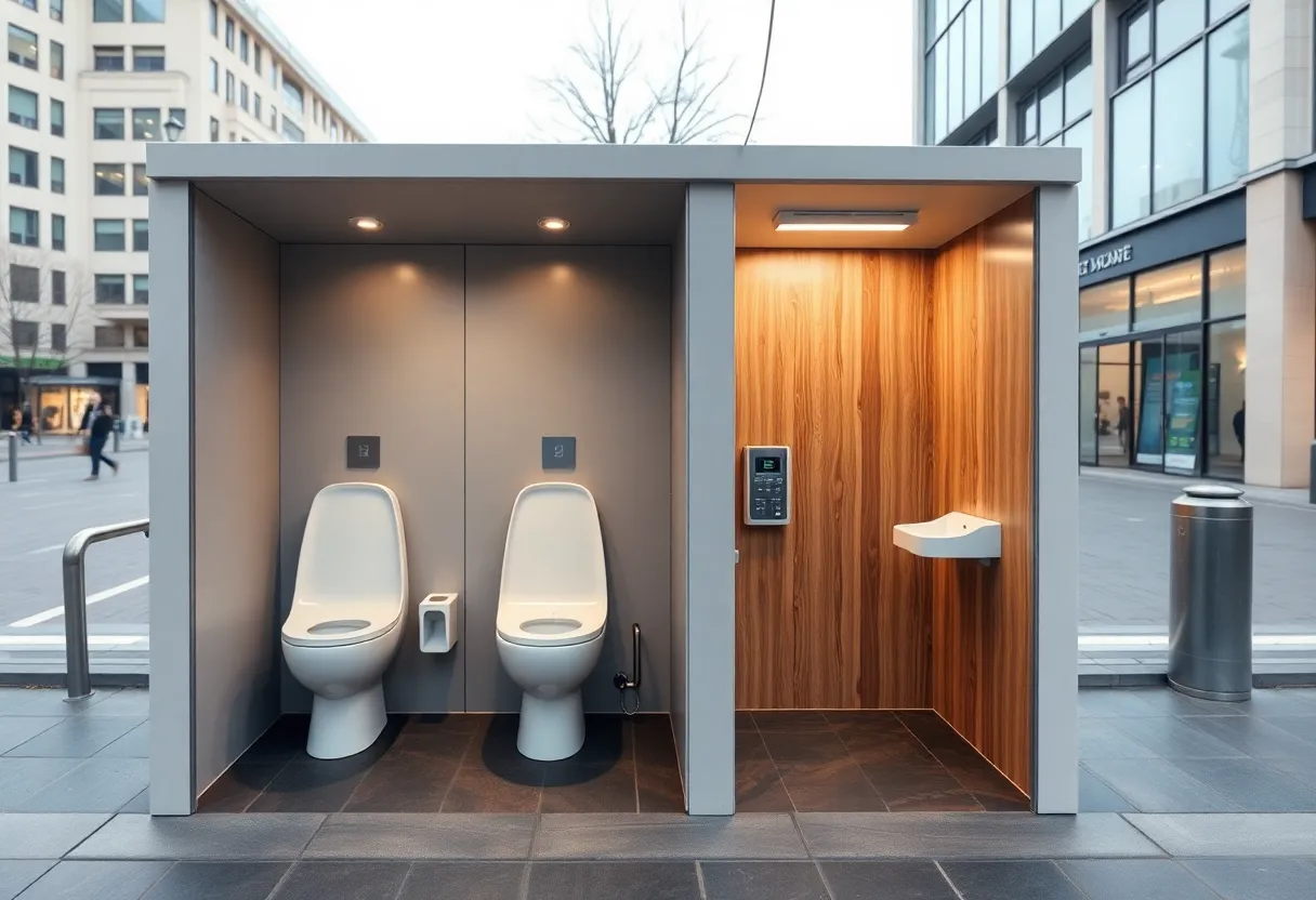High-tech public restroom featuring smart toilets and accessible design.