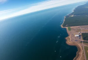 Aerial view of the Straits of Mackinac showing infrastructure related to pipelines