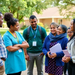 Community health professionals discussing substance use treatment initiatives.