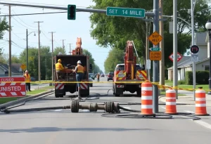Construction crews repairing a water main break on 14 Mile Road in Novi
