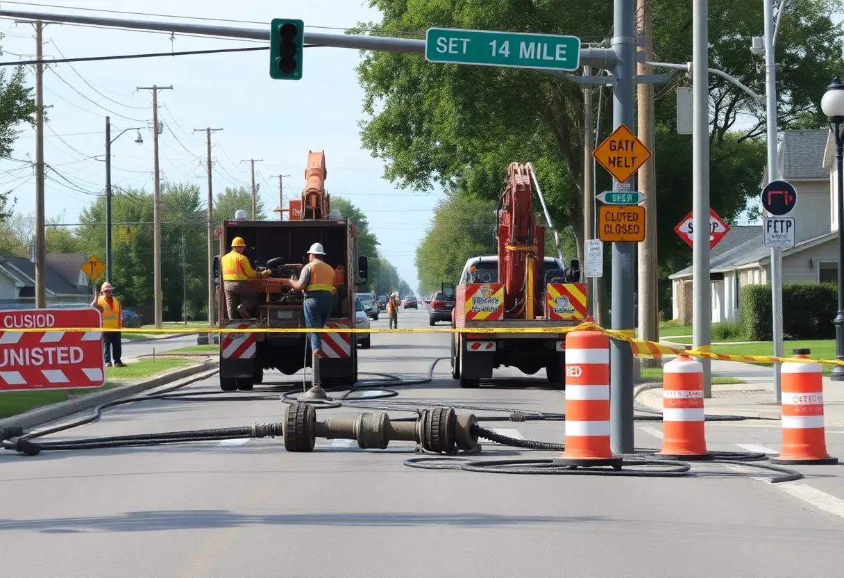 Construction crews repairing a water main break on 14 Mile Road in Novi