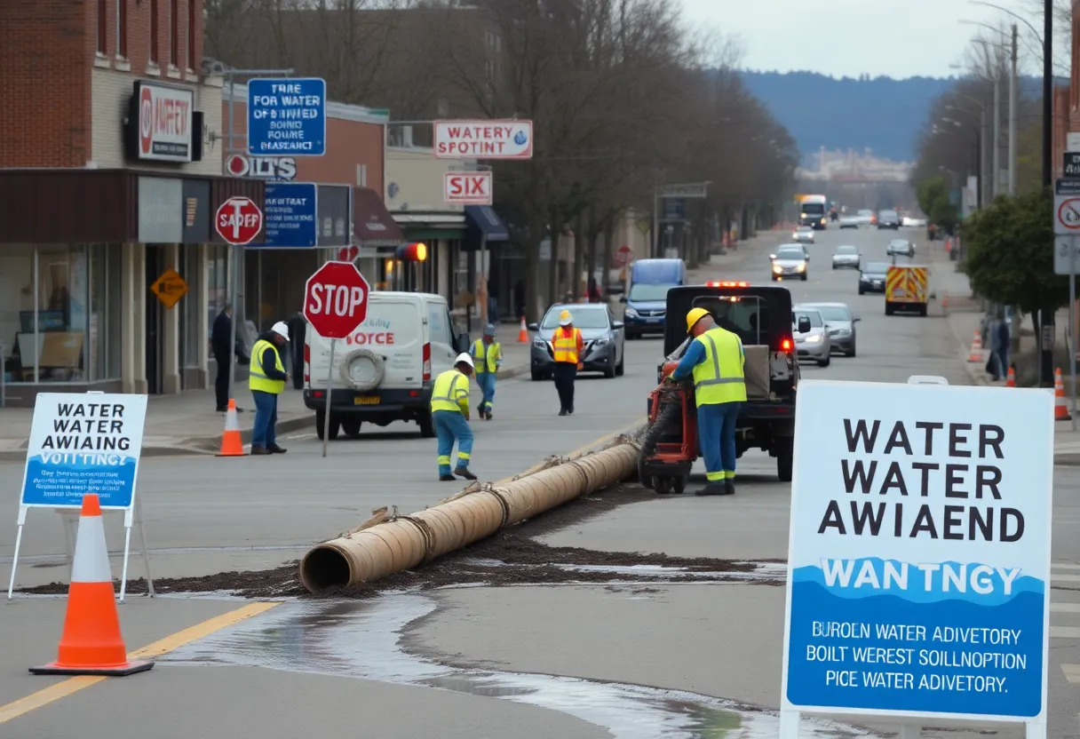 Workers repairing a water main break on a busy street in Novi, Michigan