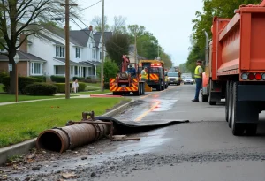 Workers repairing a water main break in Novi, Michigan