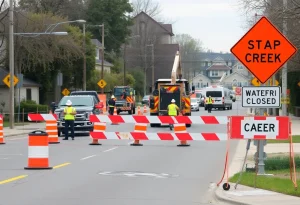 Construction workers repairing a water main break on a suburban road in Novi.
