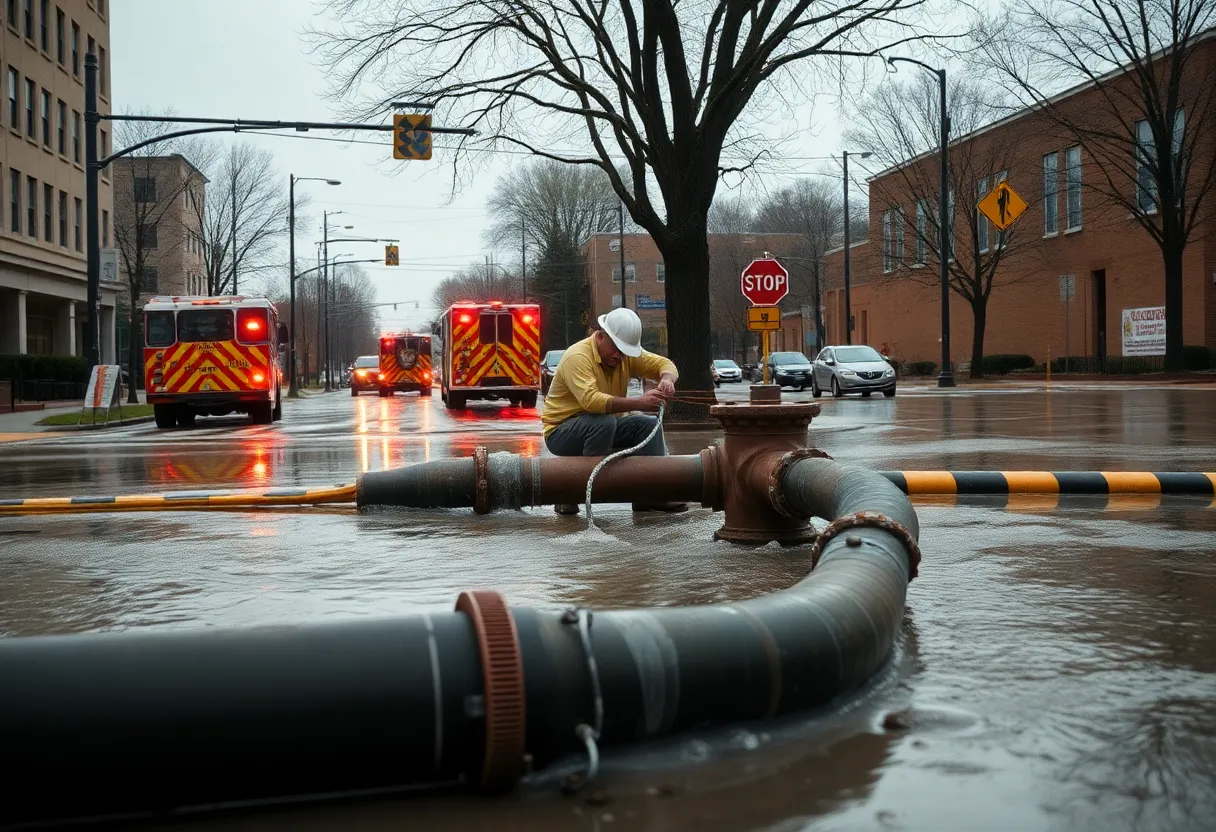 Emergency workers responding to a water main break in Novi, Michigan.
