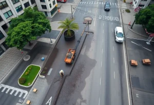 Workers repairing a water main in Novi