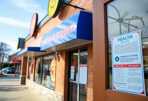 Exterior view of a fast-food restaurant with health inspection signs