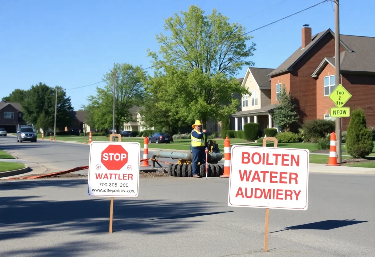 Construction work on a water main along a street in Wixom, Michigan.