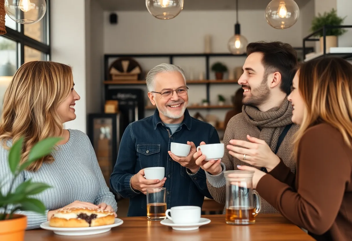Customers engaging in conversation at a coffee shop, illustrating word-of-mouth marketing.