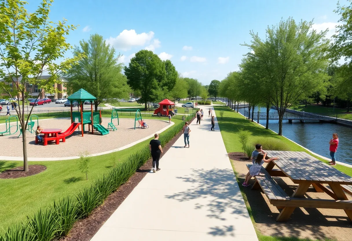 Families enjoying the renovated A.B. Ford Park with playgrounds and riverwalk.