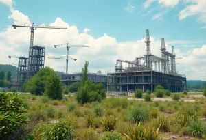 View of an abandoned electric vehicle battery plant construction site with vegetation growing over unused machinery.