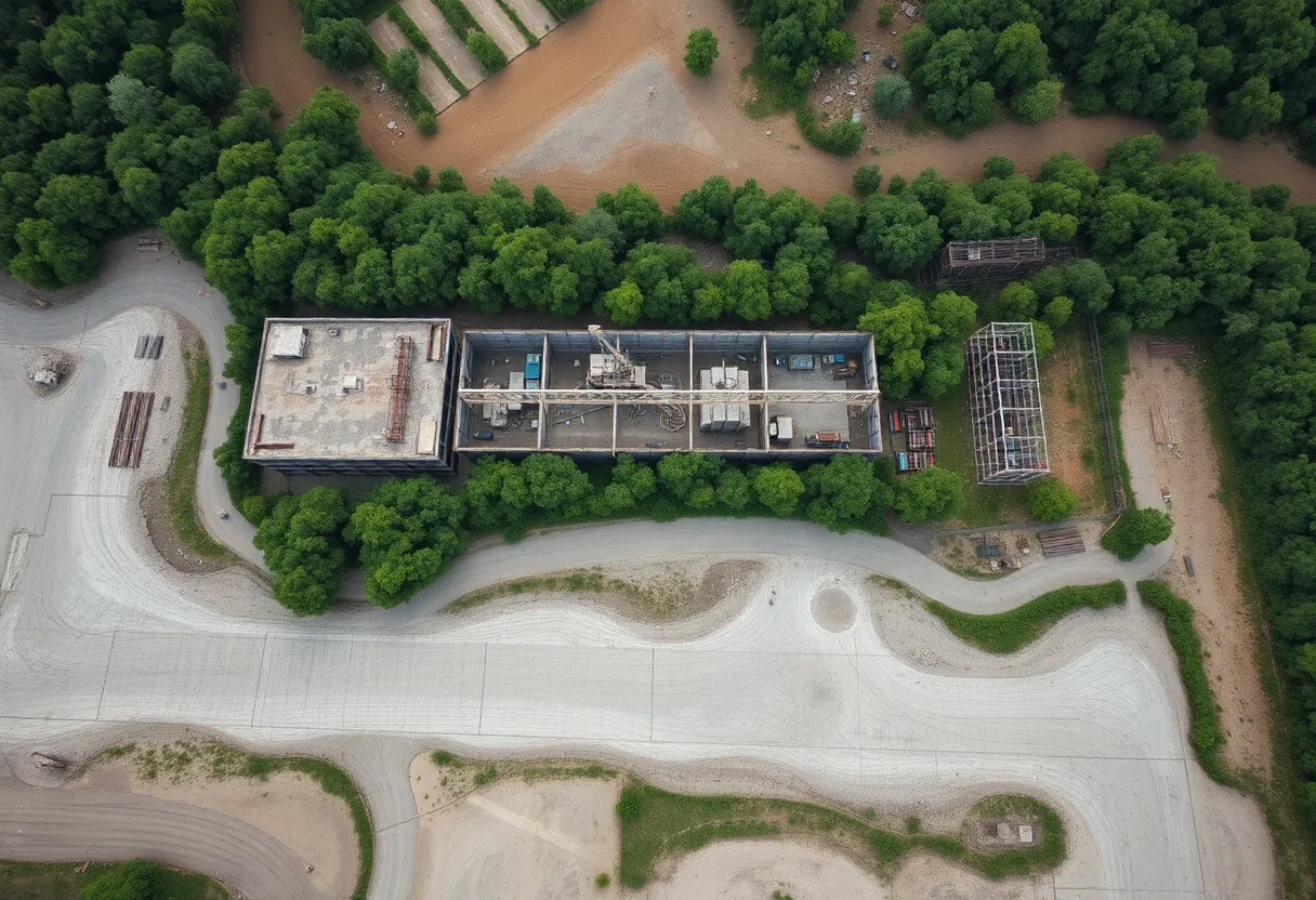 Aerial view of an abandoned electric vehicle plant site in Michigan