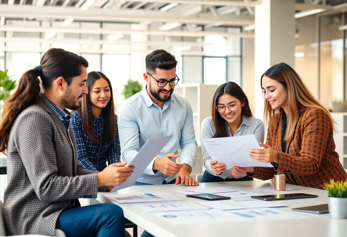 Marketing professionals utilizing AI technology for data analysis