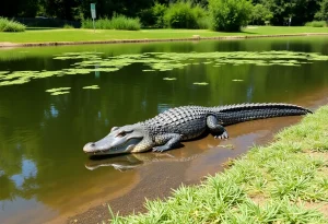 An alligator resting by Blue Heron Lagoon at Belle Isle Park