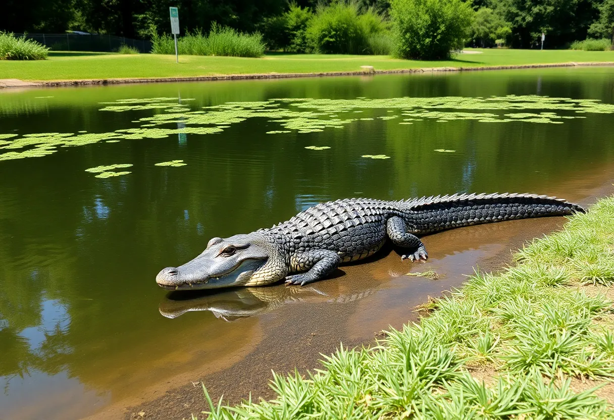 An alligator resting by Blue Heron Lagoon at Belle Isle Park
