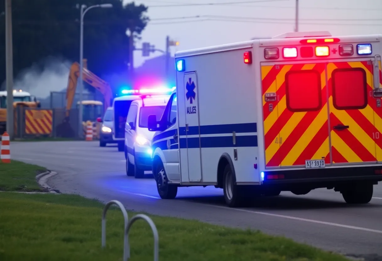 An ambulance with flashing lights being pursued by police in a construction zone.