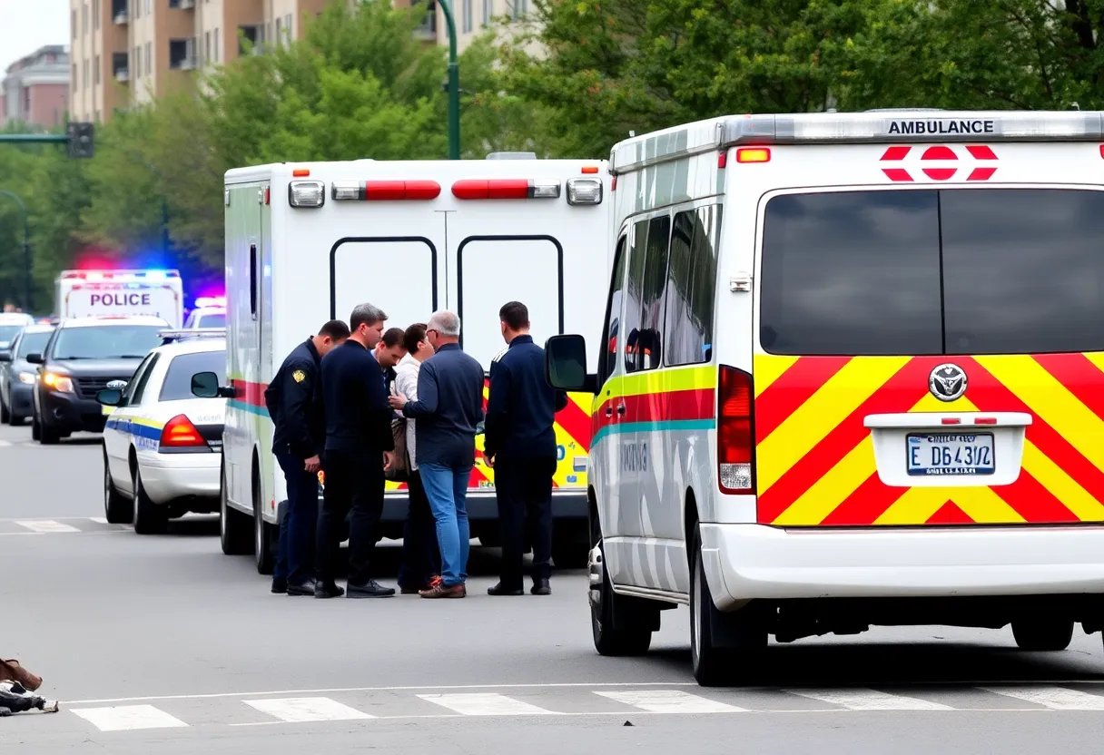 An ambulance at an accident scene with emergency responders
