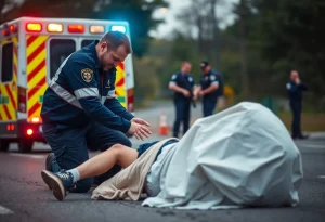 Paramedics at a crash site with an ambulance and police officers