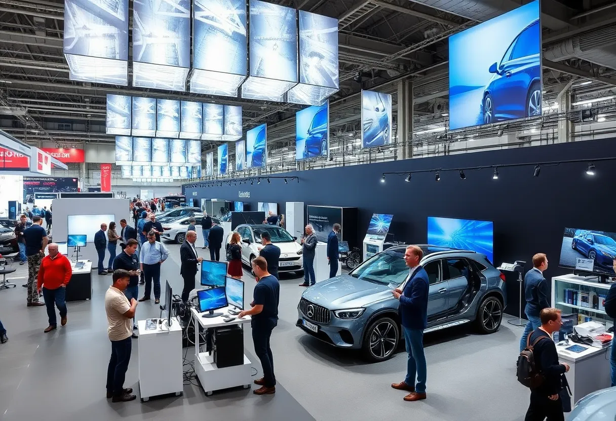 Exhibition hall at the Automotive Testing Expo with automotive professionals engaging with technology.