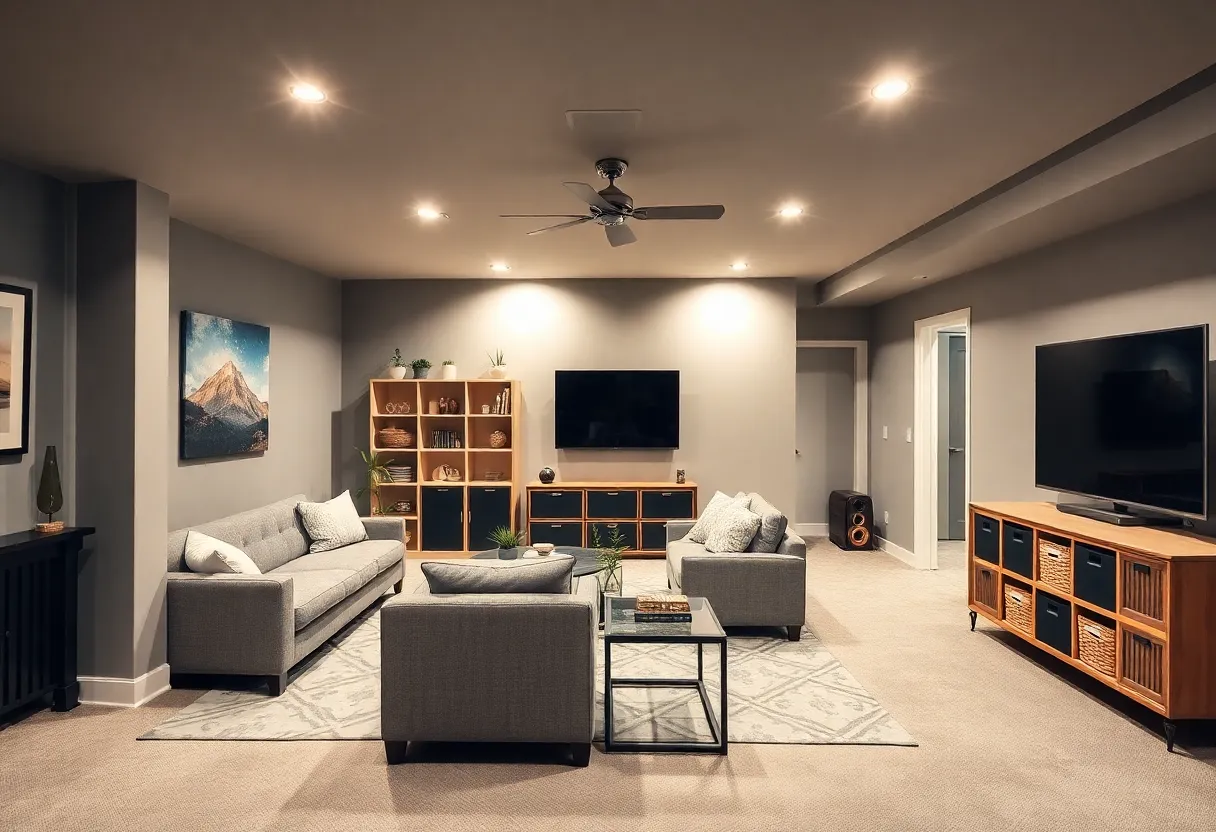 A stylish, remodeled basement featuring a family room layout