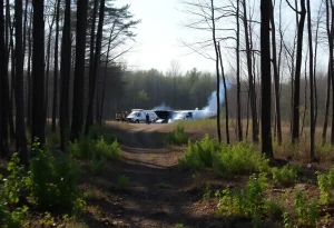 Site of a plane crash surrounded by wooded area in Bath Township, Michigan.