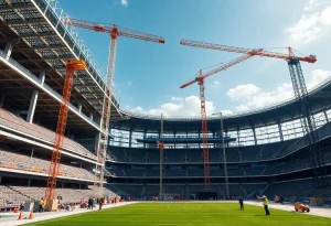 Rendering of the renovated Beaver Stadium during renovations with excited fans.